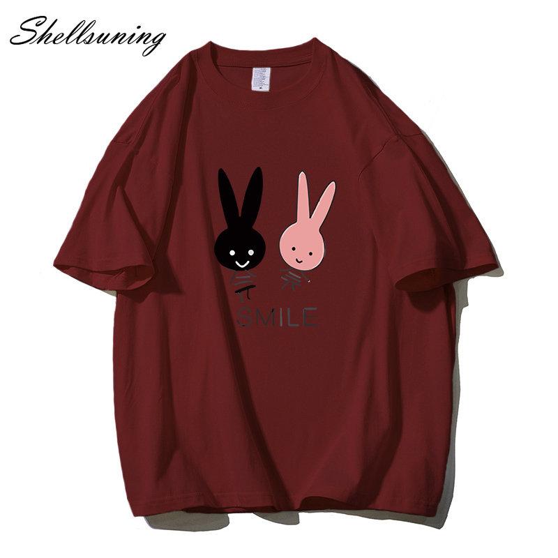 Shellsuning Cute Bunny Graphic Printed T Shirts Women Summer Casual Loose O Neck Short Sleeve Tees Female Trendy 100% Cotton Tops Lady