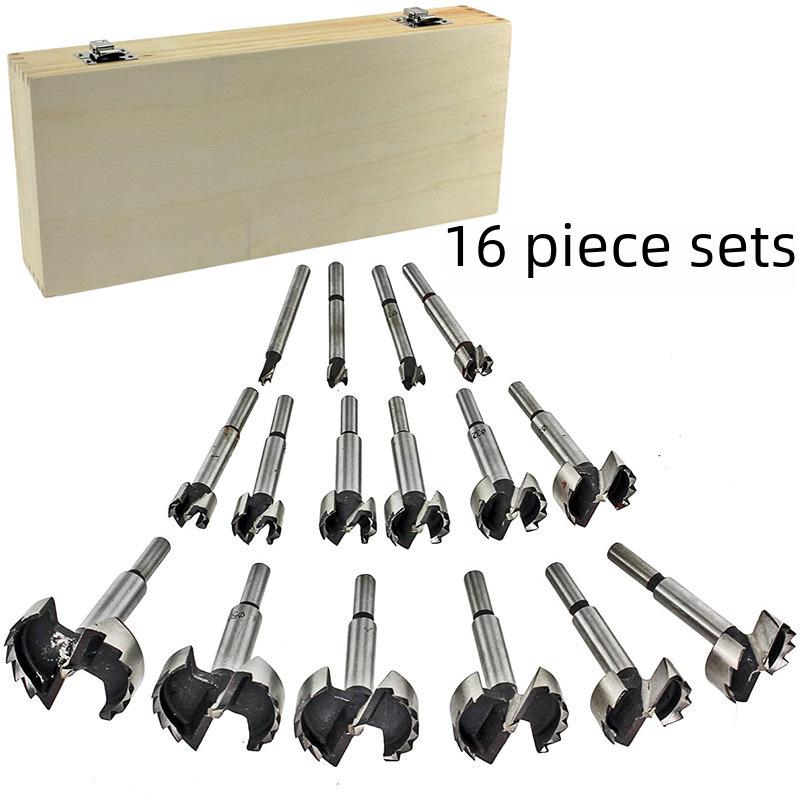 16-Piece Woodworking Drill Set: Includes Round Punch, Hinge Drill, Multi-Tooth Flat Wing Drill, Reamer & Door Lock Tools.