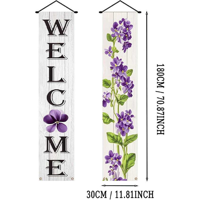 Spring Summer Banner 70x12 Inch Vertical Spring Summer Door Banners Door Decorations Hanging Purple Floral Welcome Porch Signs Outdoor Summer