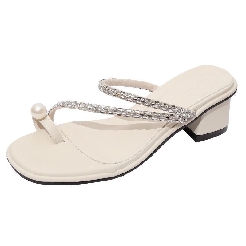 Набор носочных туфель со стразами на толстом каблуке, крутые шлепанцы, женская уличная обувь, жемчужный средний каблук, летний ветер, новинка 2025, сандалии с носком