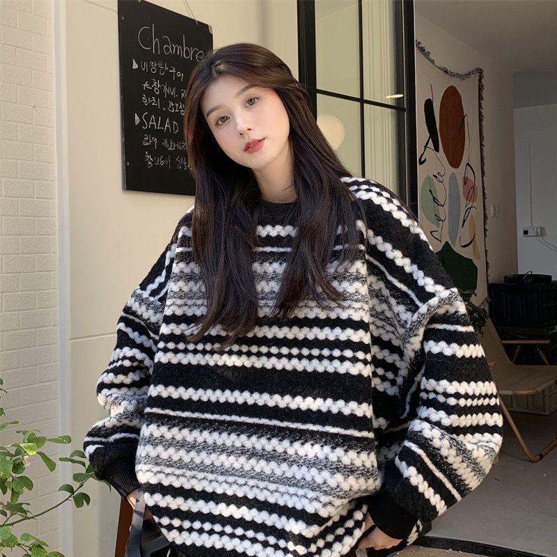 Pullover Stripe Pullover Sweater Women Autumn and Winter New Loose Outwear Oversize Slouchy Top Medium Long Winter Sweater