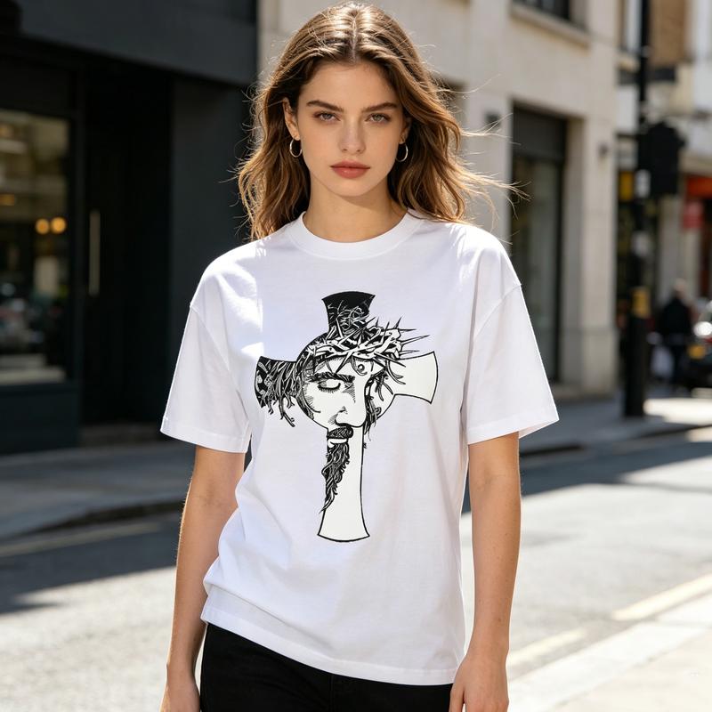 Vintage Sketch Art Jesus Face Cross Print T Shirt Christian Belief Religious Graphic Soft Cotton Tee Casual Daily Apparel