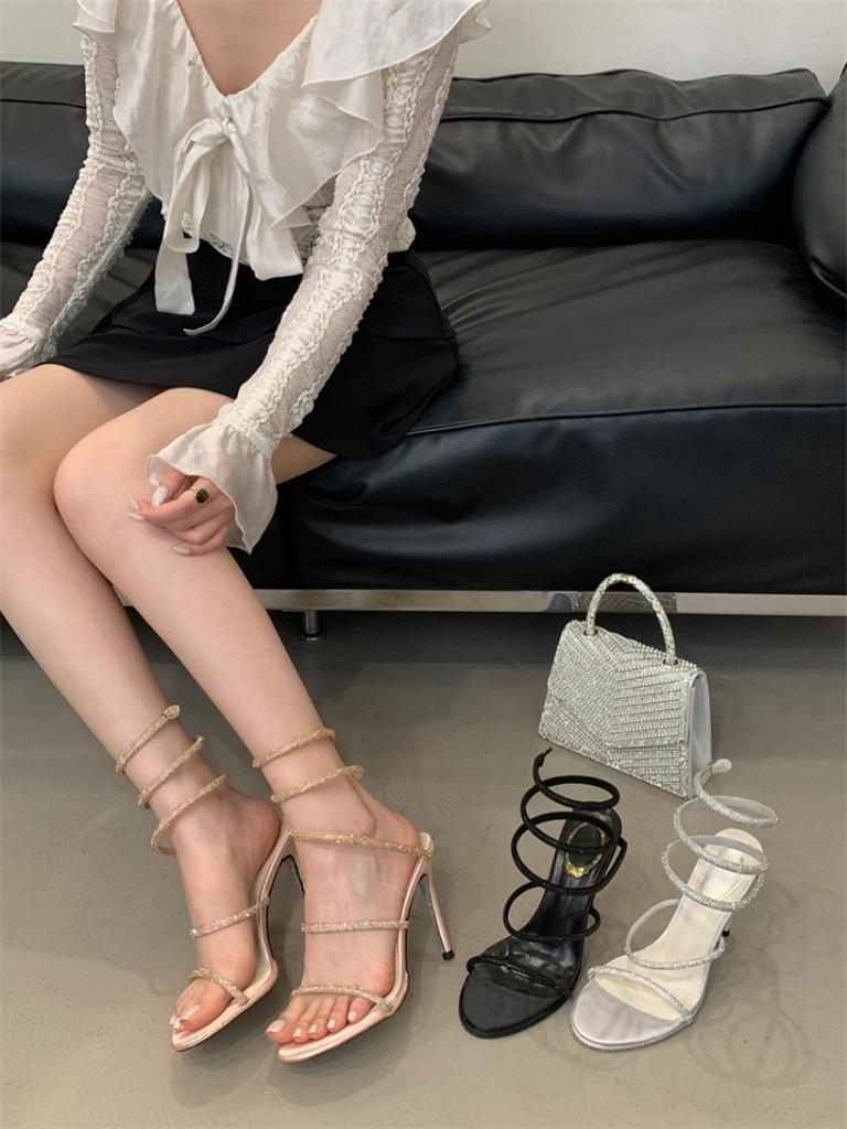 Bling Bling Rhinestone Brand High Heel Sandals Women Fashion Narrow Band Thin High Heel Slide Sandals Banquet Party Dress Shoes