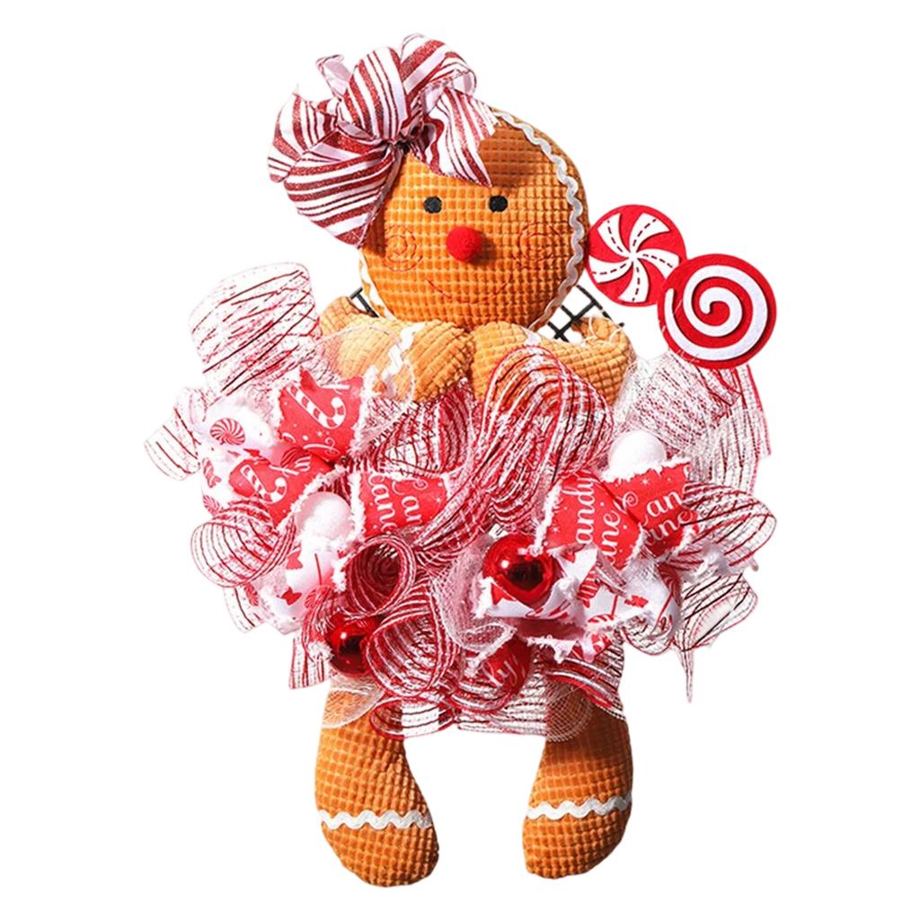 Merry Christmas Garland Cute Gingerbread Man Doll Shaped Flower Wreath Indoor Outdoor Window Door Decoration Xmas Party Decor
