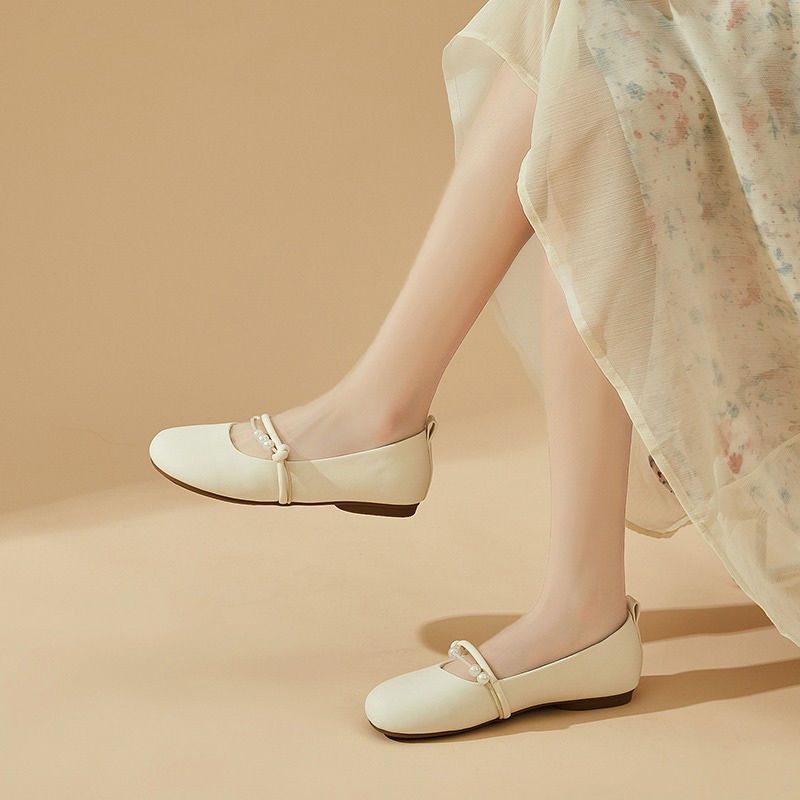 Бежевые туфли Мэри Джейн на плоской подошве, женские туфли, весна и осень, маленькие кожаные туфли, летние новые туфли с неглубоким вырезом и мягкой подошвой