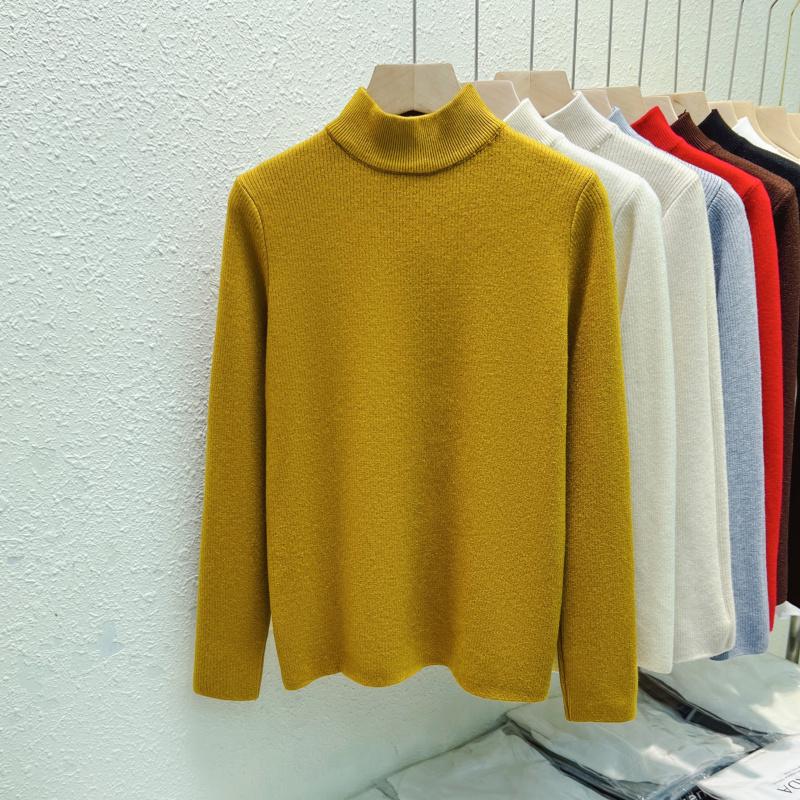 Autumn Warm Velvet Knitted Women's Sweater Casual Winter New Thicken Half High Collar Base Pullover Sweaters Elegant Solid Slim Plush Knitwears 25206