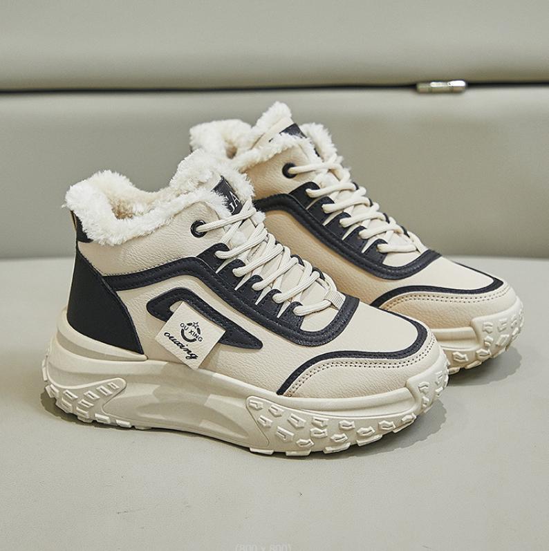 Модные зимние высокие кроссовки 2024 года на толстой подошве для женщин, плюшевая платформа 4,5 см, хлопковая обувь, корейские женские универсальные теплые меховые зимние ботинки для активного отдыха