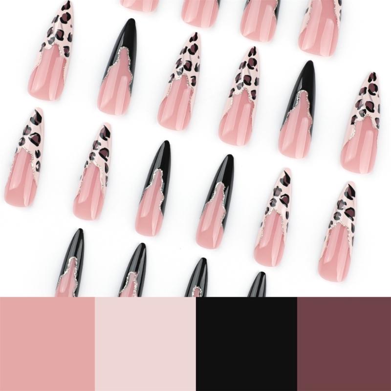 24Pcs Leopard Print Press On Nail Long False Nail French Tip Glossy Artificial Nail Full Cover Stick on Nail