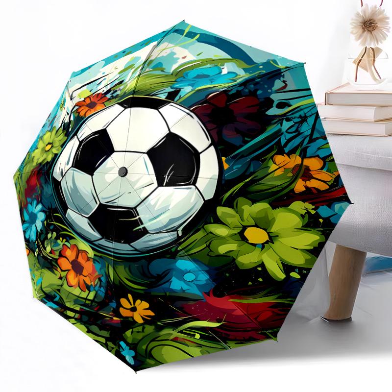 Soccer Ball Artwork Compact Travel Automatic Umbrella Sturdy 8-Rib Shaft Foldable Design All-Season Use Fashion Lovers Wedding Party Gift
