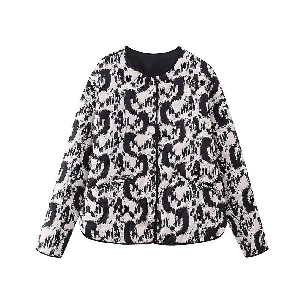Autumn New Women's Fashion Animal Print Round Neck Long Sleeve Single-breasted Cotton Jacket Coat
