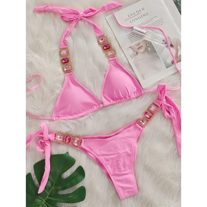 Сексуальный комплект бикини со стразами Женский 2025 Роскошный розовый с кристаллами и бриллиантами Пуш-ап Бандажный купальник стринги Пляжный купальник Купальник