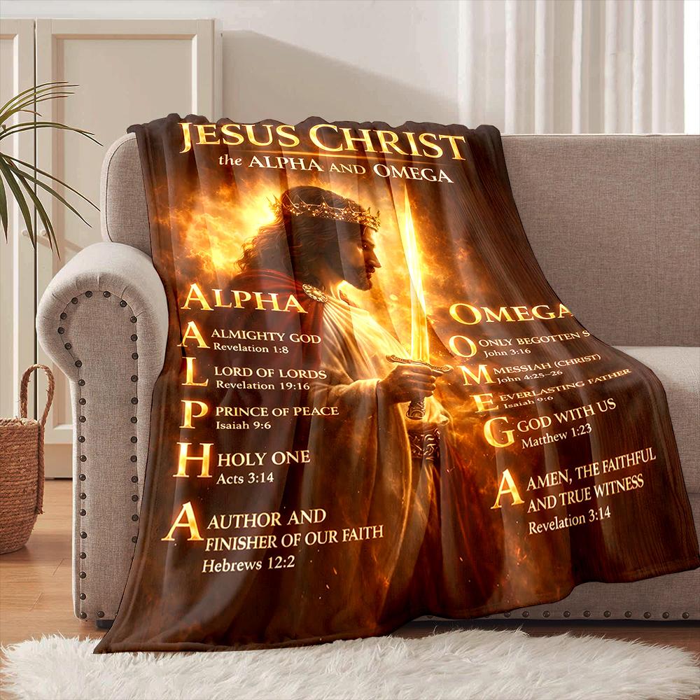 1PC Jesus Christ Alpha and Omega Faith-printed Flannel Blanket Soft and Warm Suitable for Home Travel Picnics Camping and RV