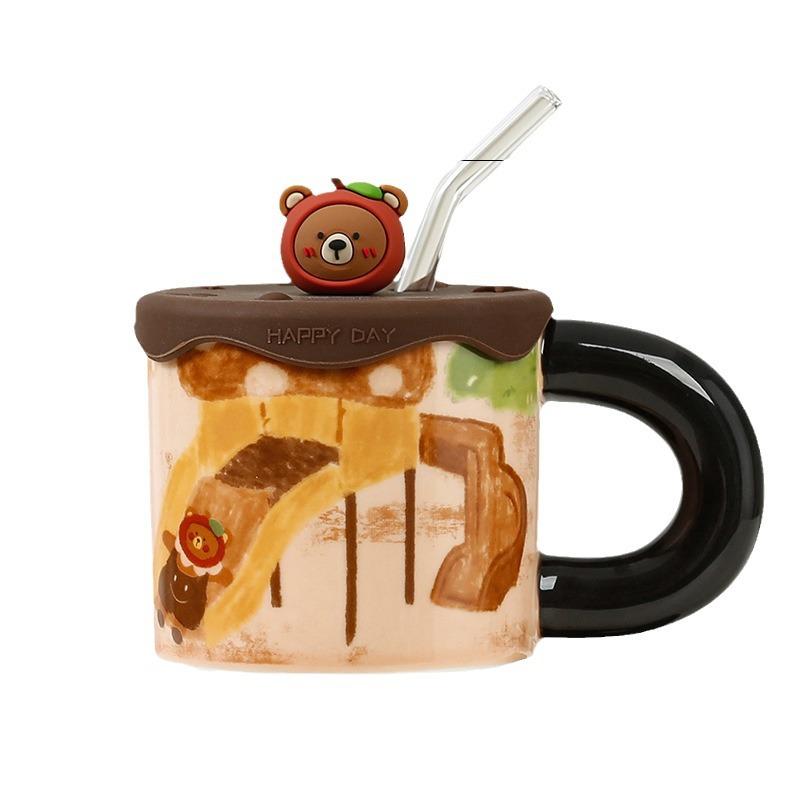 Cute Apple Bear Ceramic Cup with Silicone Lid Straw Water Cup High Precision Cute Mug Household Cup Gift