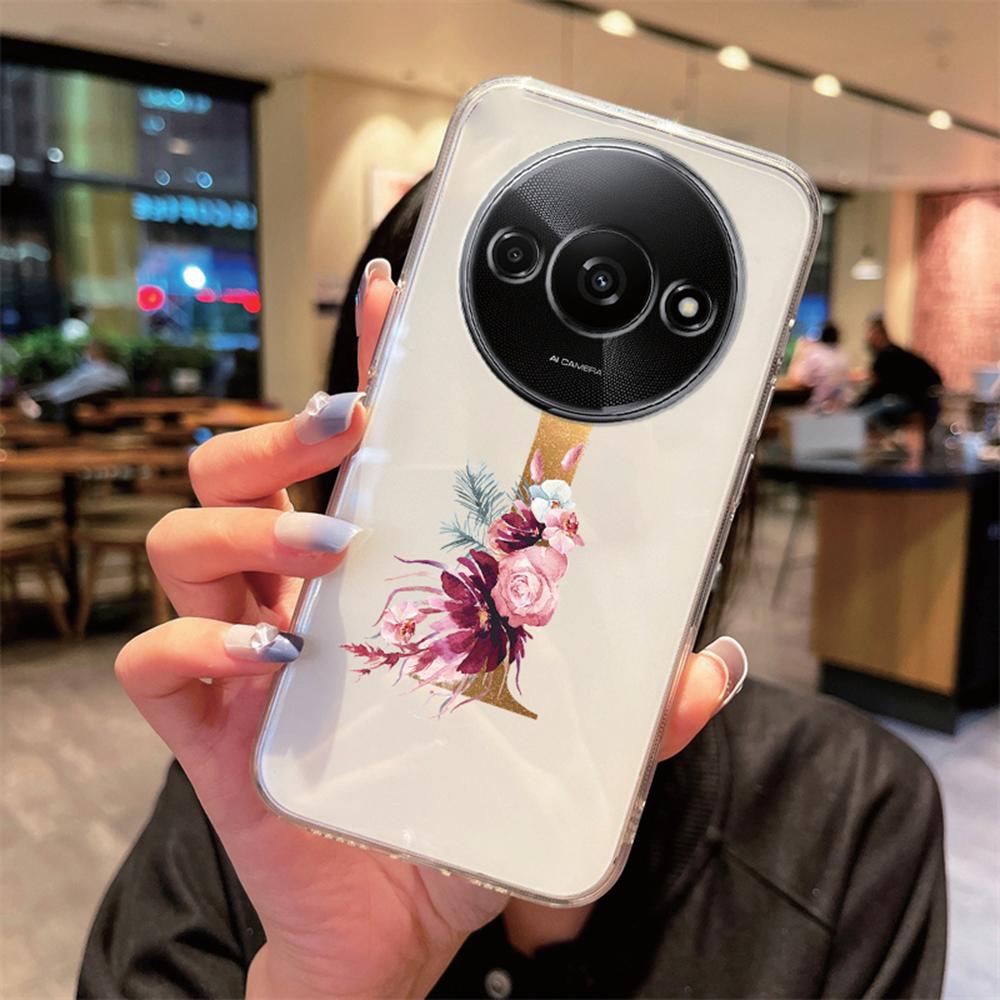 Чехол для телефона Xiaomi Redmi A3 redmia3 Прозрачный силикон Защита камеры Цветы Золотые буквы A-Z Прозрачная крышка
