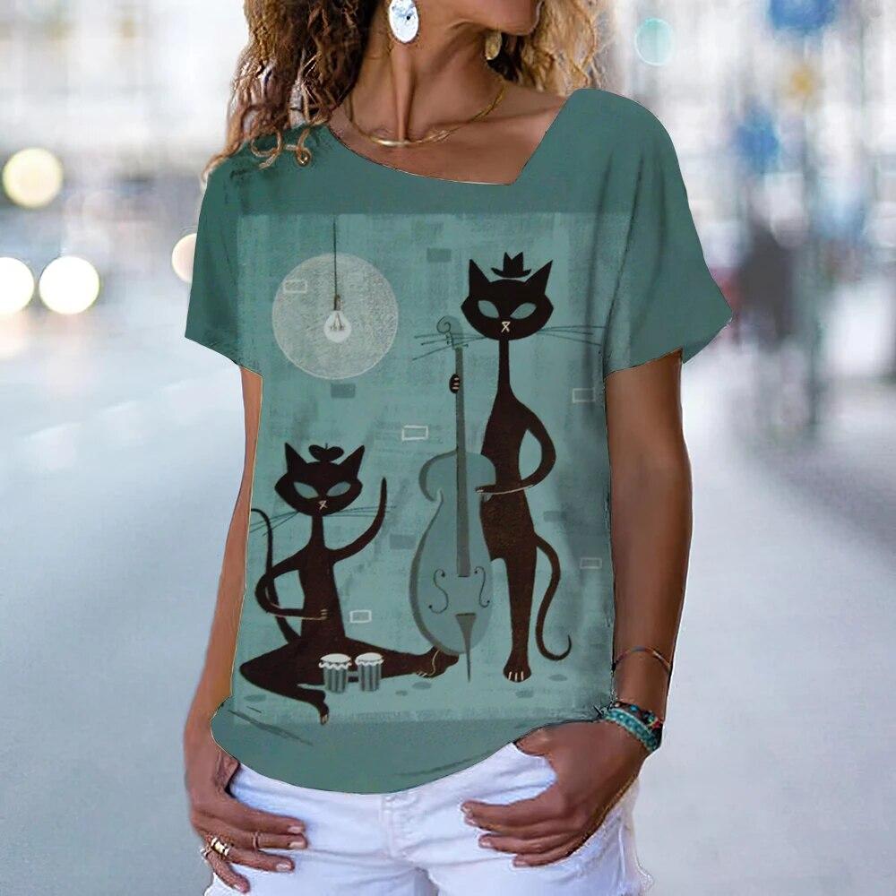 Винтажная футболка с котенком, женская футболка с рисунком кота в стиле аниме, блузка с v-образным вырезом, летняя одежда большого размера с коротким рукавом, женская одежда в стиле Харадзюку, повседневная уличная одежда