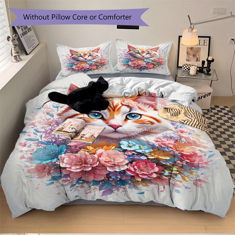 3pcs Charming Cat Quilt Cover Set (1 Quilt Cover + 2 Pillowcases Without Pillow Core), High-Definition Printing for Home and Dormitory.M031