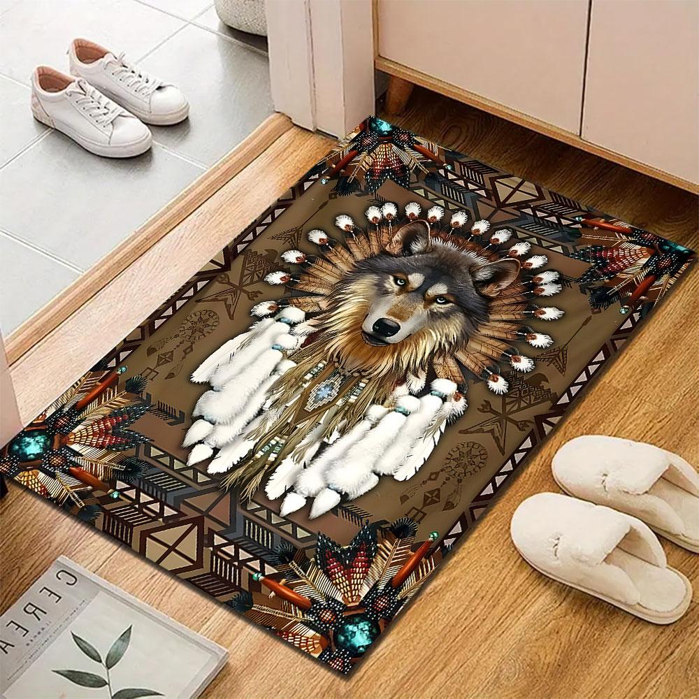 Wolf with Tribal Feather Headdress Patterned carpet, suitable as a non slip play mat for the living room and bedroom sofa