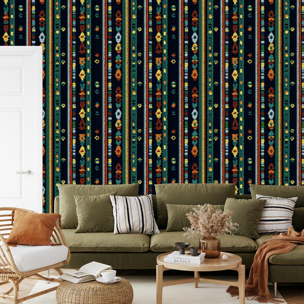 Wallpaper Colorful knitted fabric black, turquoise and sea blue 50x1000
