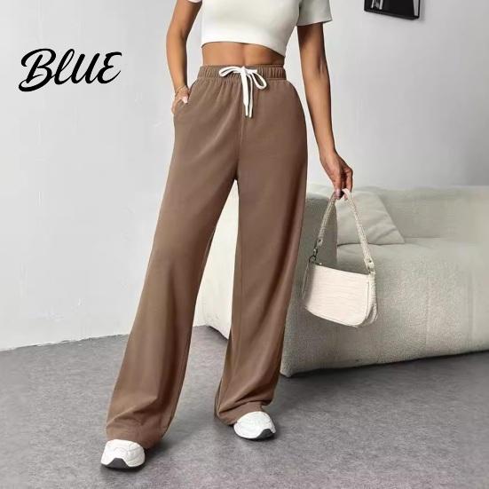 Solid Color Casual Pants Women Elastic High Waist Adjustable Drawstring Straight Wide Leg Trousers with Pockets Wide-leg
