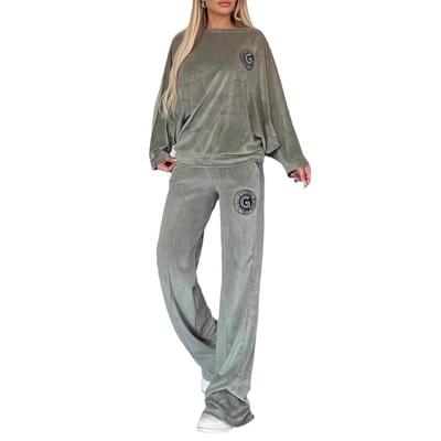 Женские комплекты из золотистого бархата, однотонные, с круглым вырезом, рукавами «летучая мышь», вышитым узором, верхом, повседневными брюками