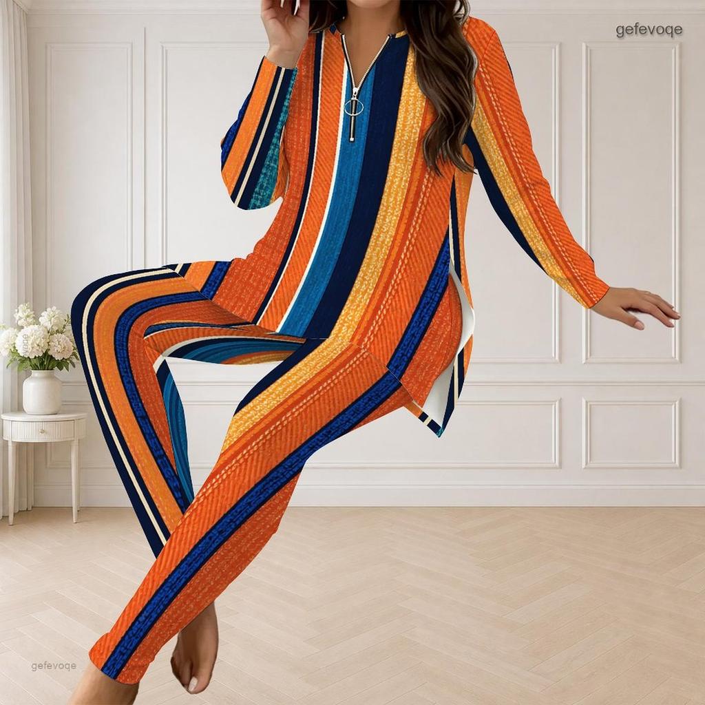 Women Plus Size Printed Half Zip Long Sleeve Longline Top Fitted Pants Two Piece Set
