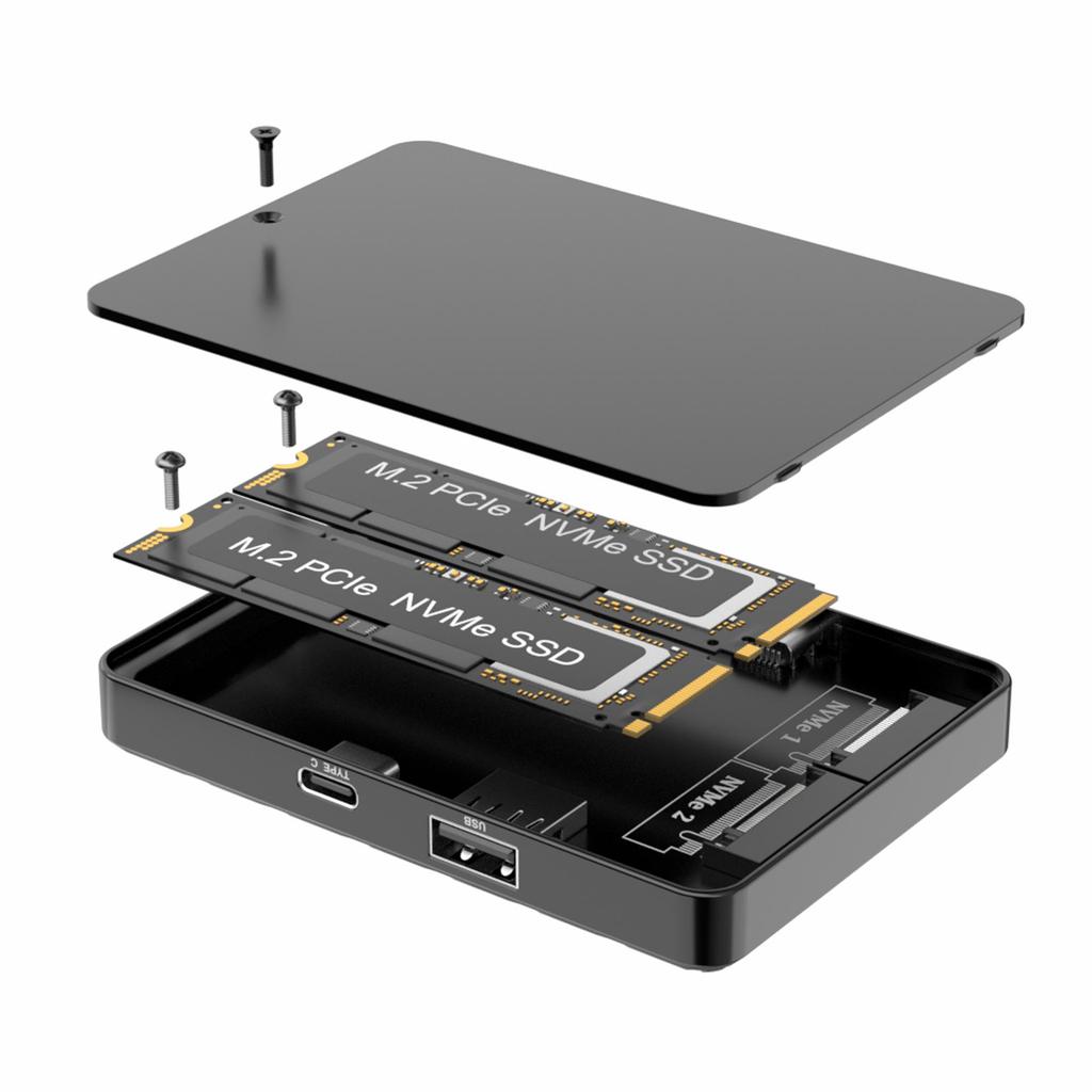 Dual Bay M.2 SSD Enclosure Dual Protocol M.2 NVMe SATA SSD Case Solid State Drive Docking Station USB3.2 GEN2 10Gbps SSD Adapter