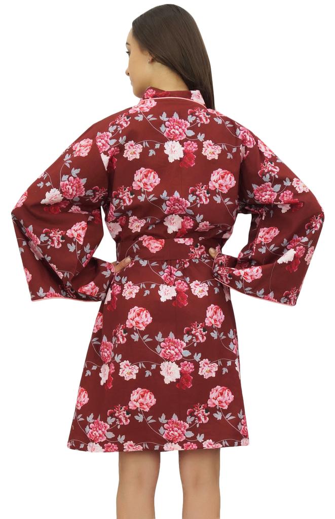 Bimba Женский халат-кимоно бордового цвета с поясом и цветочным принтом, накидка для сна -
