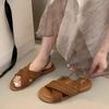 2025 Женские сандалии Женские плоские сандалии в римском стиле Вязаные летние сандалии Наружные Перекрестные Кожаные Женские Шлепанцы Женские Сандалии