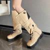 Мода 2025 Зимняя мода Женские сапоги Комбинированная расцветка Сочетание цветов Сапоги до колена Резиновая платформа Квадратный носок На шнуровке Новинка