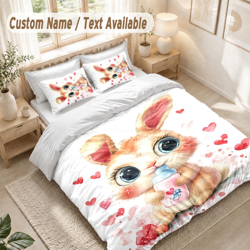 Rabbit Bedding Set, 1 Duvet Cover & 2 Pillowcases Soft Comfortable Bedroom Home Textile Decor