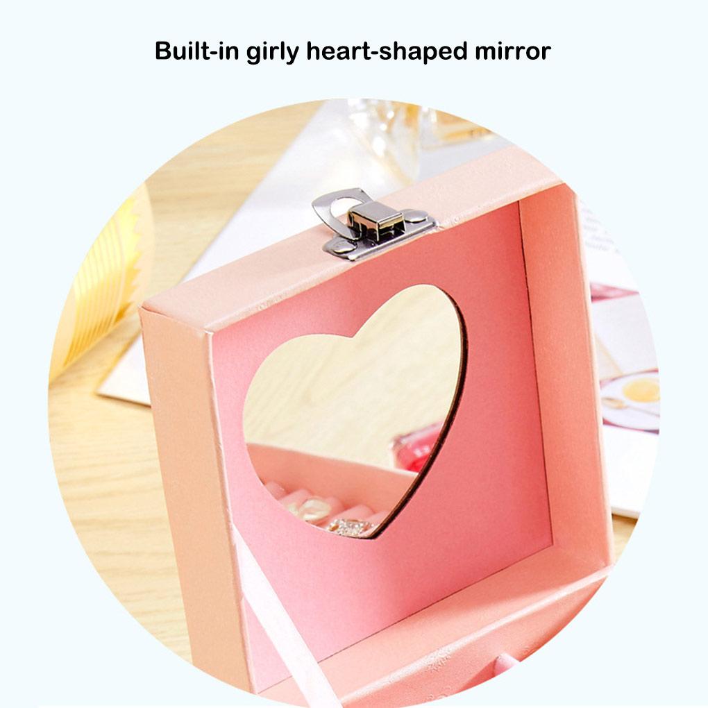 Jewelry Double-layer Grids Box Case Display Heart-shape Mirror Drawer Container Storing Fashionable Collection Gift