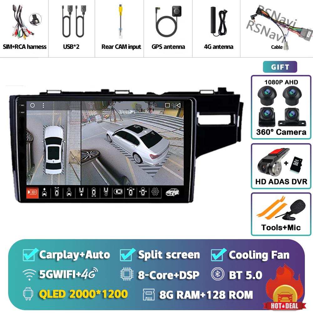 Android 14 Carplay Auto для Honda Jazz Fit 2014 - 2015 Автомобильный радиоплеер Мультимедиа стерео 360 Камера Навигация Видео AI Voice