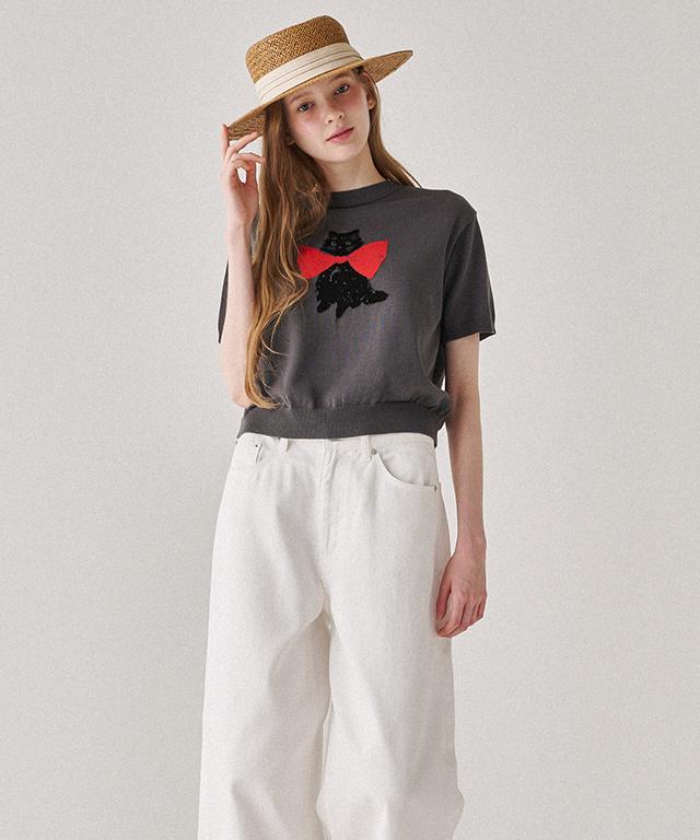 RONRON Ribbon Cats Short Sleeve Knit Charcoal