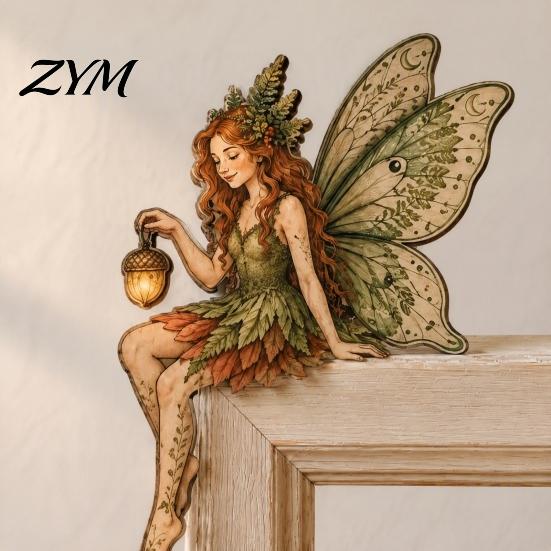 Boxwood Fairy Figurine Wooden Door Topper, Winged Woodland Corner Handcrafted Decor Frame Sign for Living Room Bedroom Entryway Home Flower Ornament