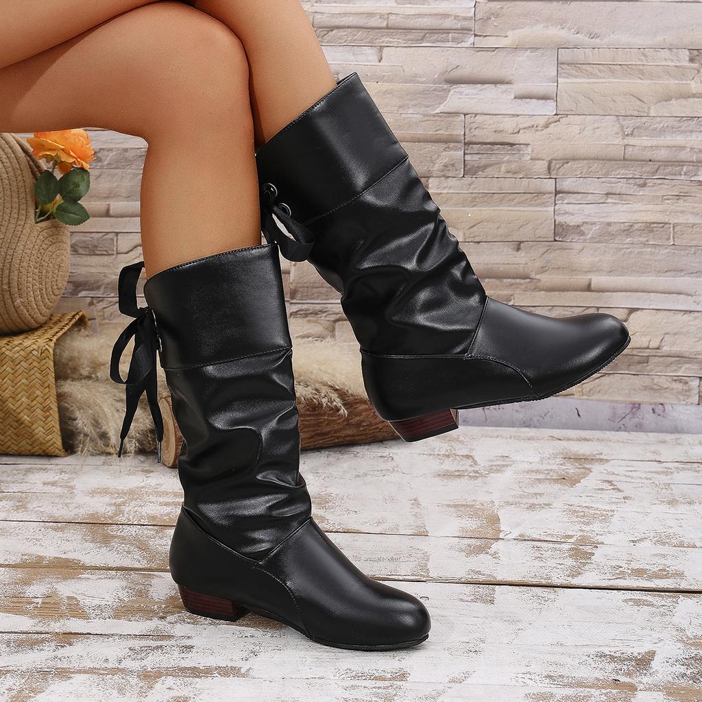 Women Fashion Elegant Comfortable Middle Calf Boots Women Designer Outdoor Back Lace Up Low Heels Winter Boots Shoes for Women