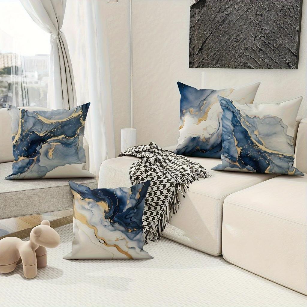 4 Pcs Double Sided Blue Gold Marble Cushion Covers, Luxury Abstract Ink Art Throw Pillow Cases (No Inserts)