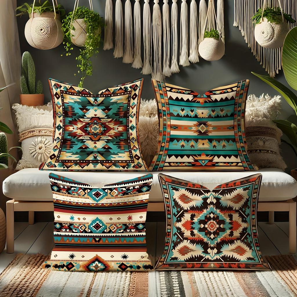 Bohemian-Style Geometric Pattern Pillow Cover: Exotic Tribal Motifs In Vivid Colors, Sofa Cushion Cover, Room Decoration