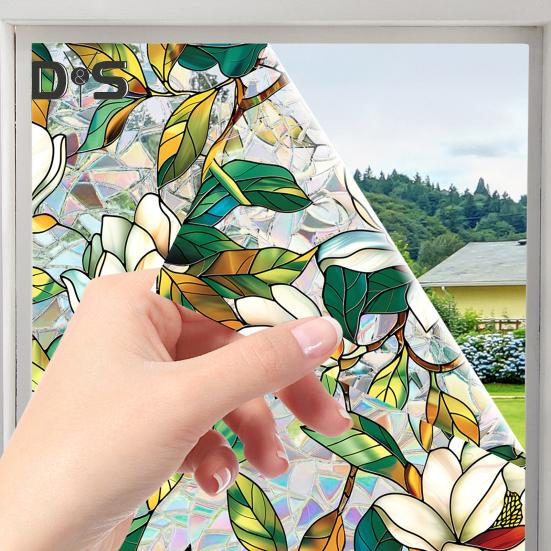 Privacy Film Window Doublesided Flower Stained Glass Rainbow Window Film Sun Blocking Static Covering Cling Sticker Pvc Window Door Decorative