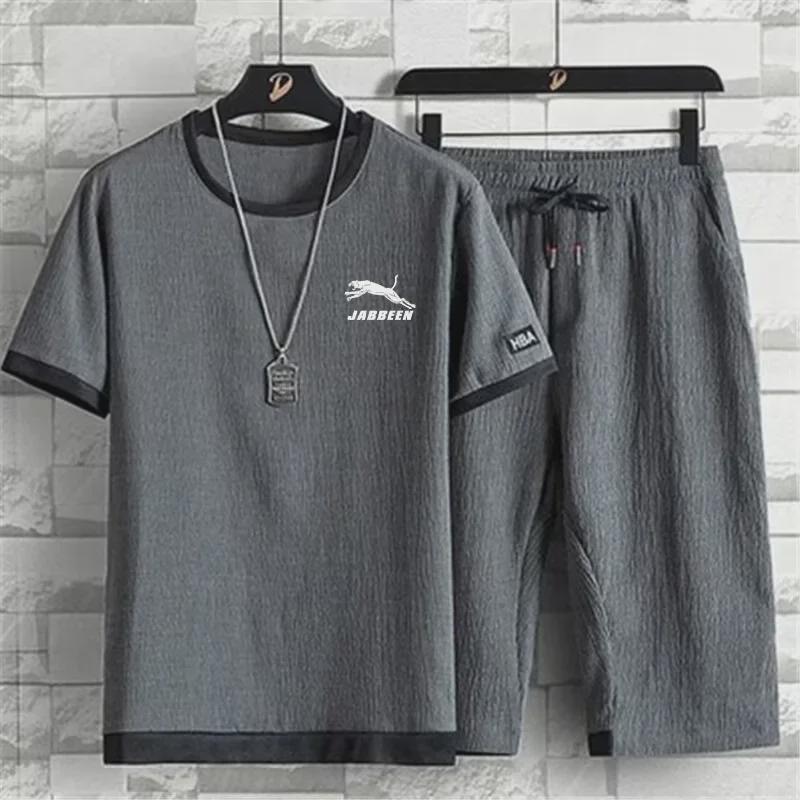 Мужской летний комплект из быстросохнущей футболки и укороченных брюк Ice Silk — дышащий, впитывающий пот, свободный крой, большой размер для отдыха и спорта