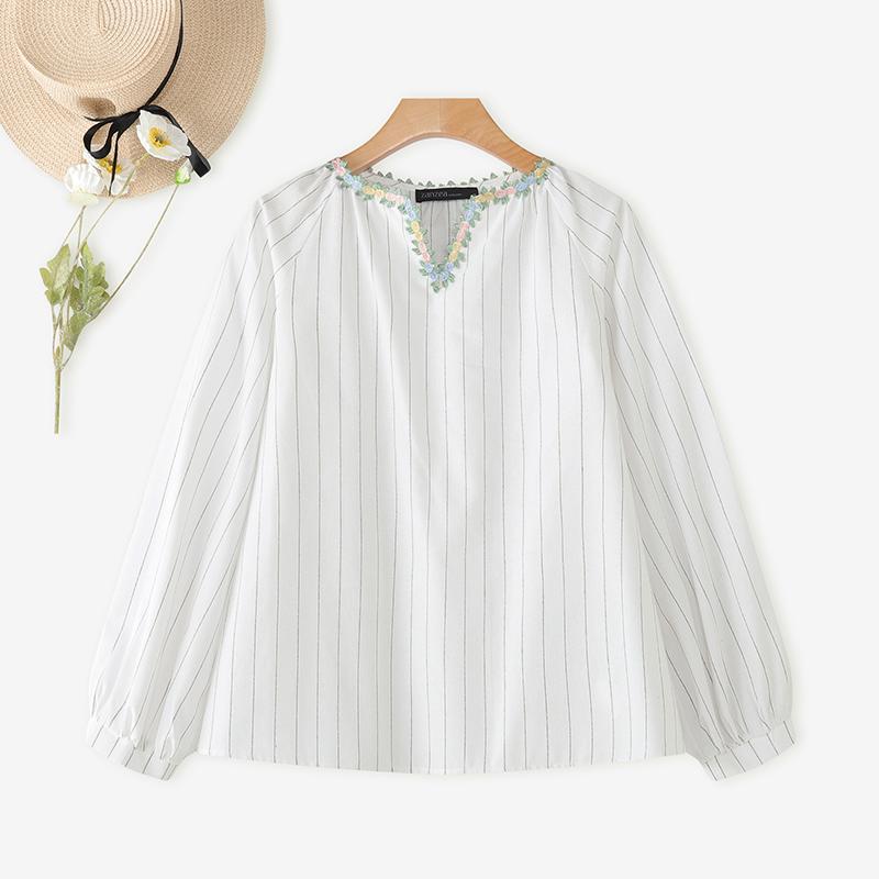 ZANZEA Женская блузка с V-образным вырезом, свободного кроя, с длинным рукавом