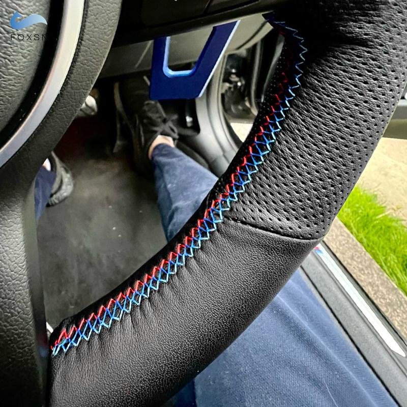 For BMW E36 E39 E46 X3 E83 X5 E53 Steering Wheel Cover Hand Stitched Black-red blue line Perforated Leather w/ Needles & Threads
