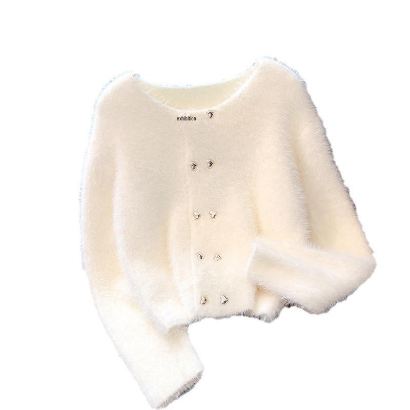 Women's Mink Velvet Double-Breasted Cardigan - Autumn/Winter 2025, Short Round Neck Little Coco Style.