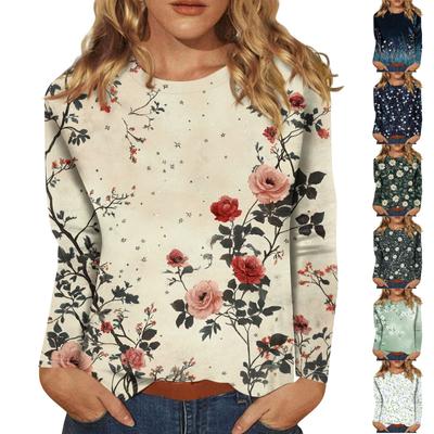 Женская мода повседневная с длинным рукавом и цветочным принтом с круглым вырезом