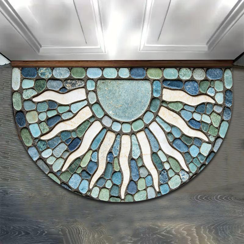 Blue Ocean Sun Pebble Half Round Bath Mat, Non‑Slip Water Absorbent Coastal Style Bathroom Floor Rug