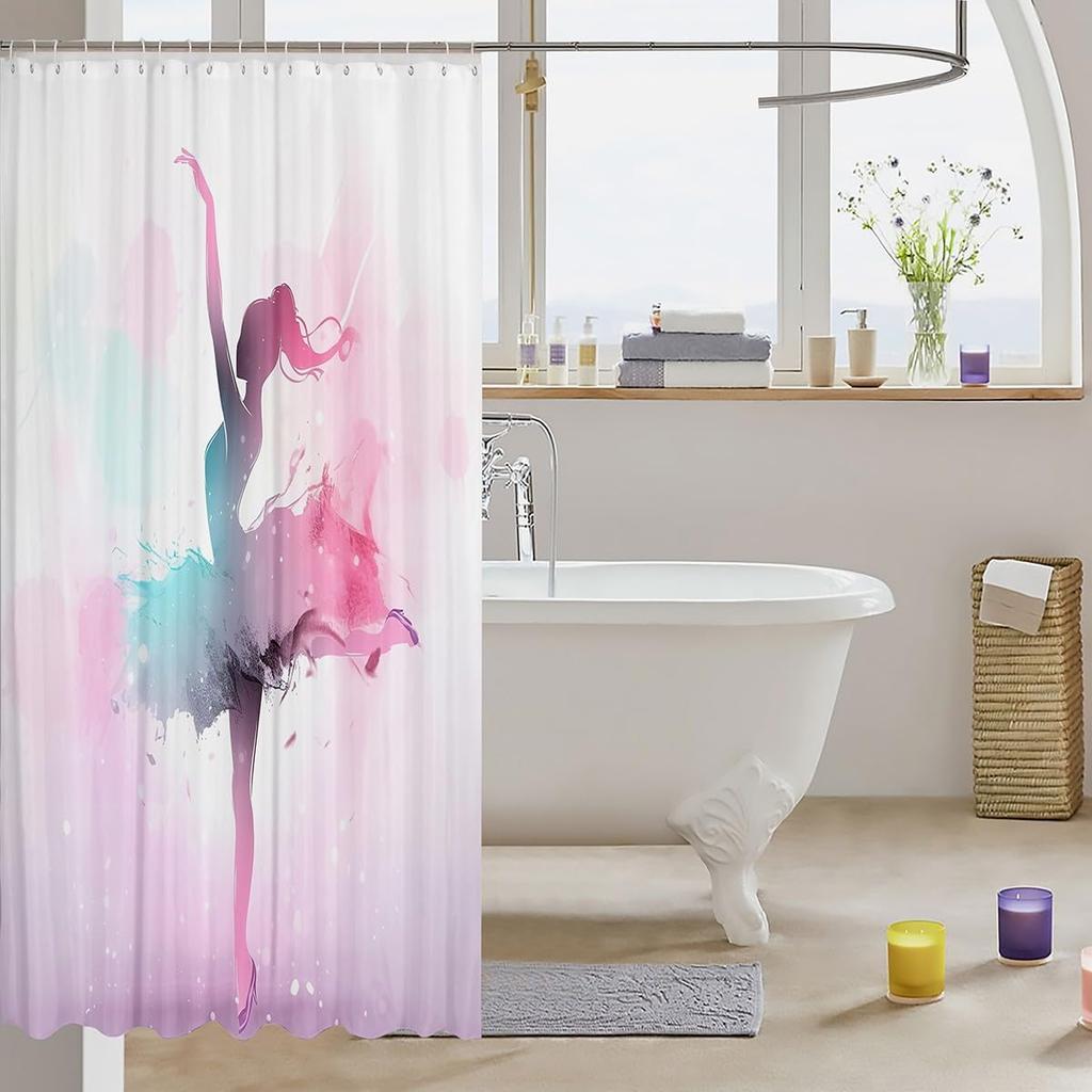 Ballet Dancer Shower Curtain Watercolor Dance Art Pink Purple Design Bathroom Decor Linen150X160