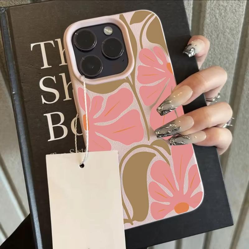 Cute Pink Flowers Pattern Lychee Texture Phone Case For iPhone 17 Air 16 e 15 14 13 12 11 Pro Max Plus SE 2020 2022 Soft Cover