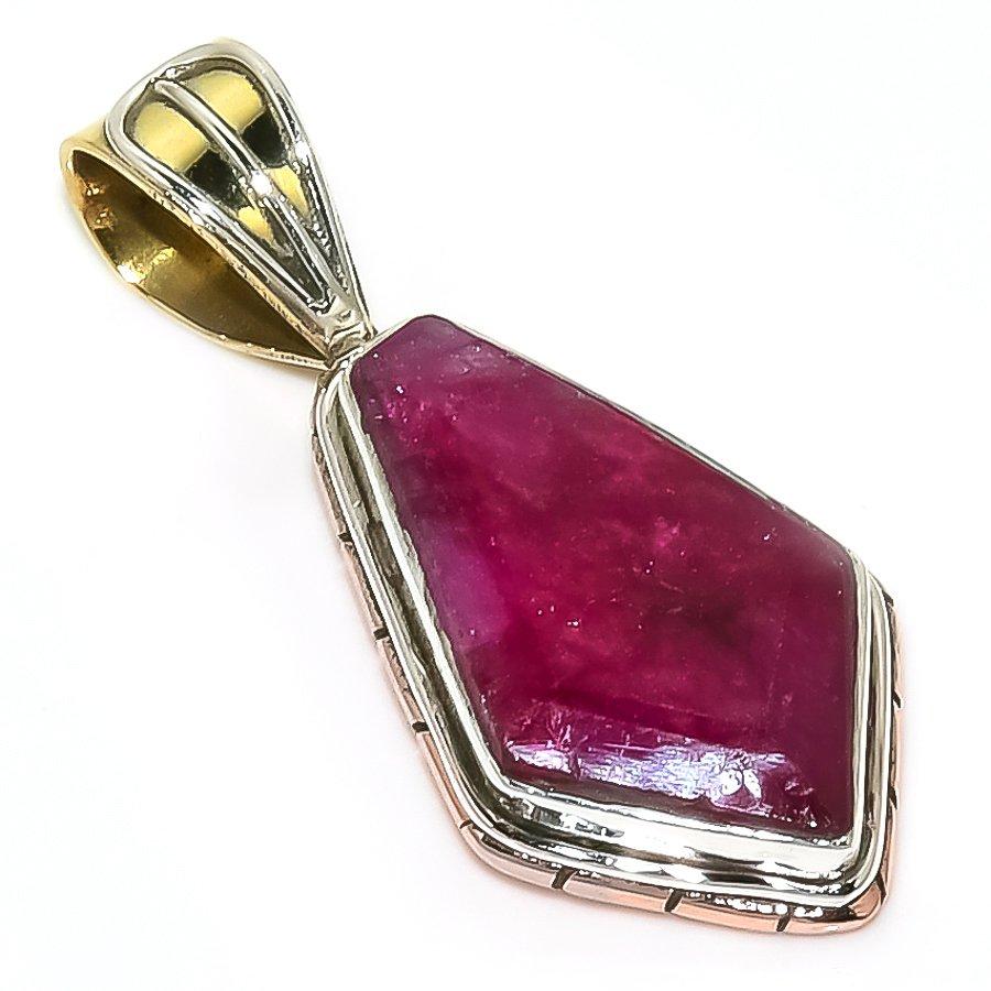 Red Ruby(Simulated) Handmade 925 Sterling Silver Two Tone Pendant 1.50" A3d74