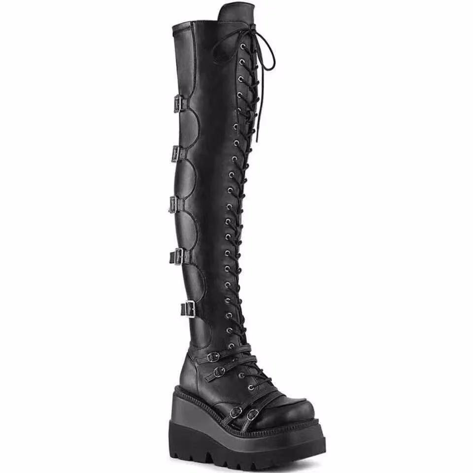 Fashion Over-the-knee Boots Women Platform Heels Belt Buckle Boot Motorcycle Goth Shoe Thigh High Flat Boots Plus Size 42 43