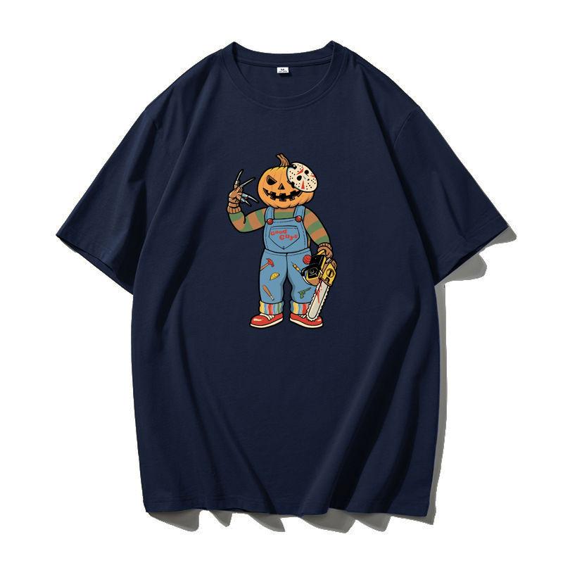 Мужская футболка в стиле ретро на Хэллоуин, свободная хлопковая базовая футболка с коротким рукавом и круглым вырезом от американского модного бренда