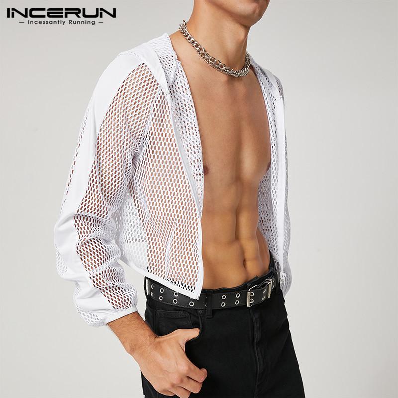 INCERUN Летние мужские прозрачные укороченные топы в сетку с капюшоном